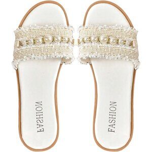 Women's White Tan Block Faux Pearls Decor Summer Flat Slides Sandals Shoes